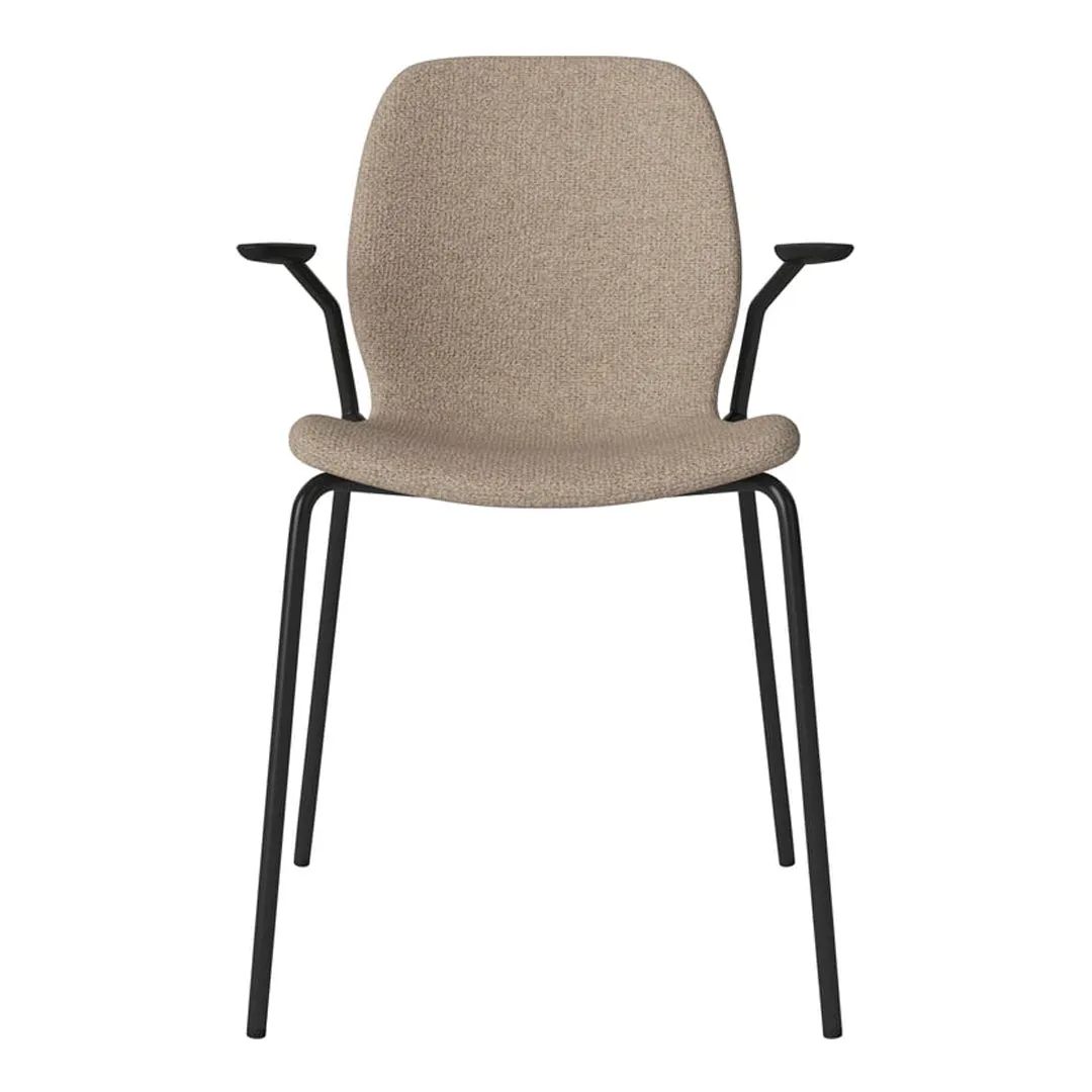 Seed Dining Chair w/ Open Arms - Upholstered -  Steel Base, Black Lacquered