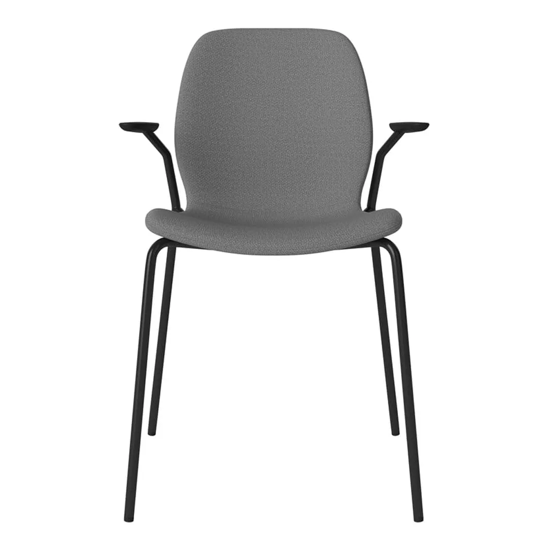 Seed Dining Chair w/ Open Arms - Upholstered -  Steel Base, Black Lacquered