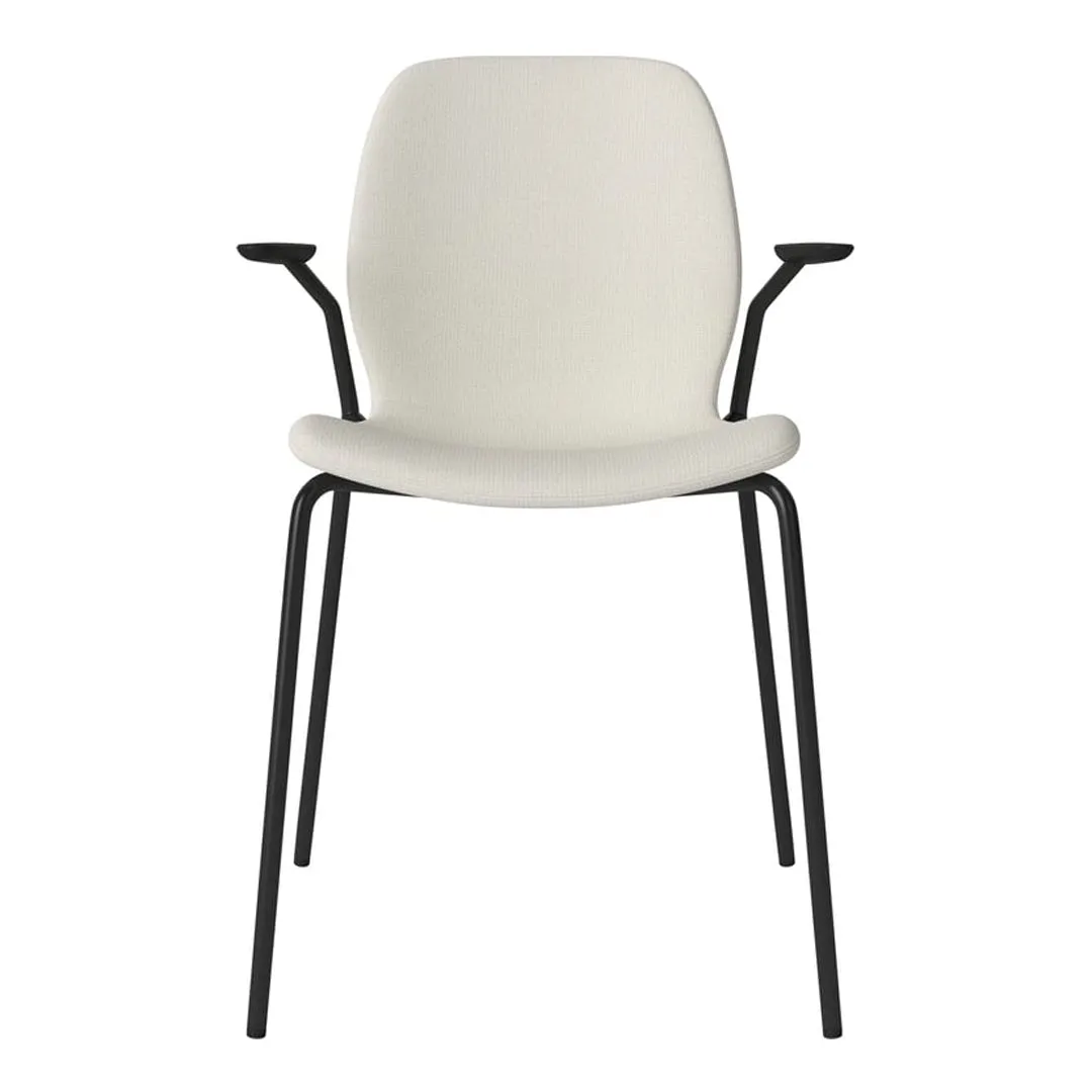 Seed Dining Chair w/ Open Arms - Upholstered -  Steel Base, Black Lacquered