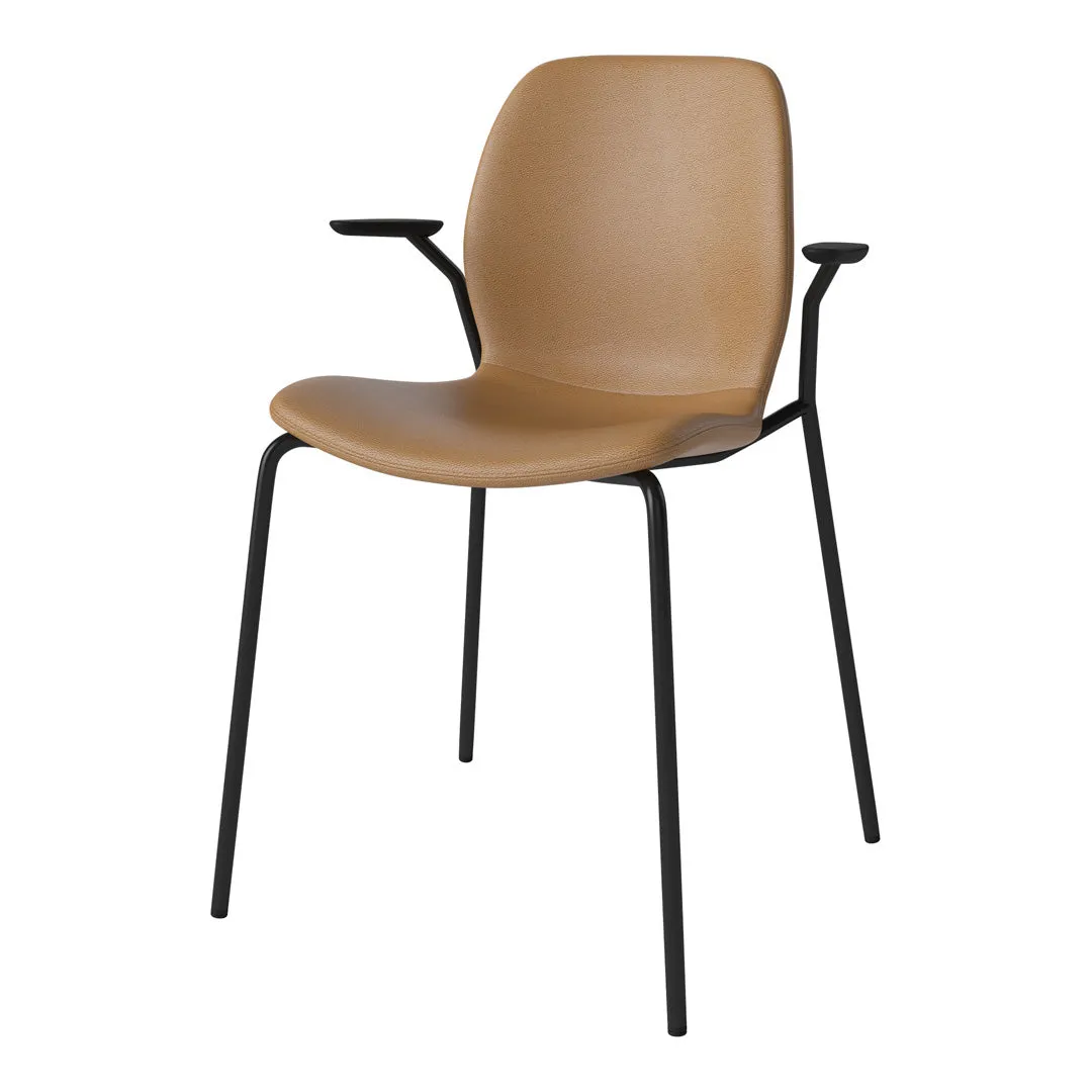 Seed Dining Chair w/ Open Arms - Upholstered -  Steel Base, Black Lacquered