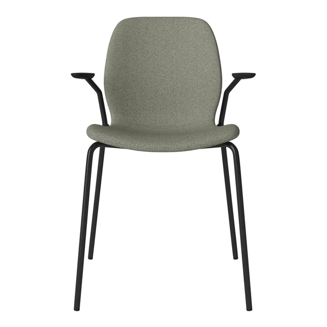 Seed Dining Chair w/ Open Arms - Upholstered -  Steel Base, Black Lacquered