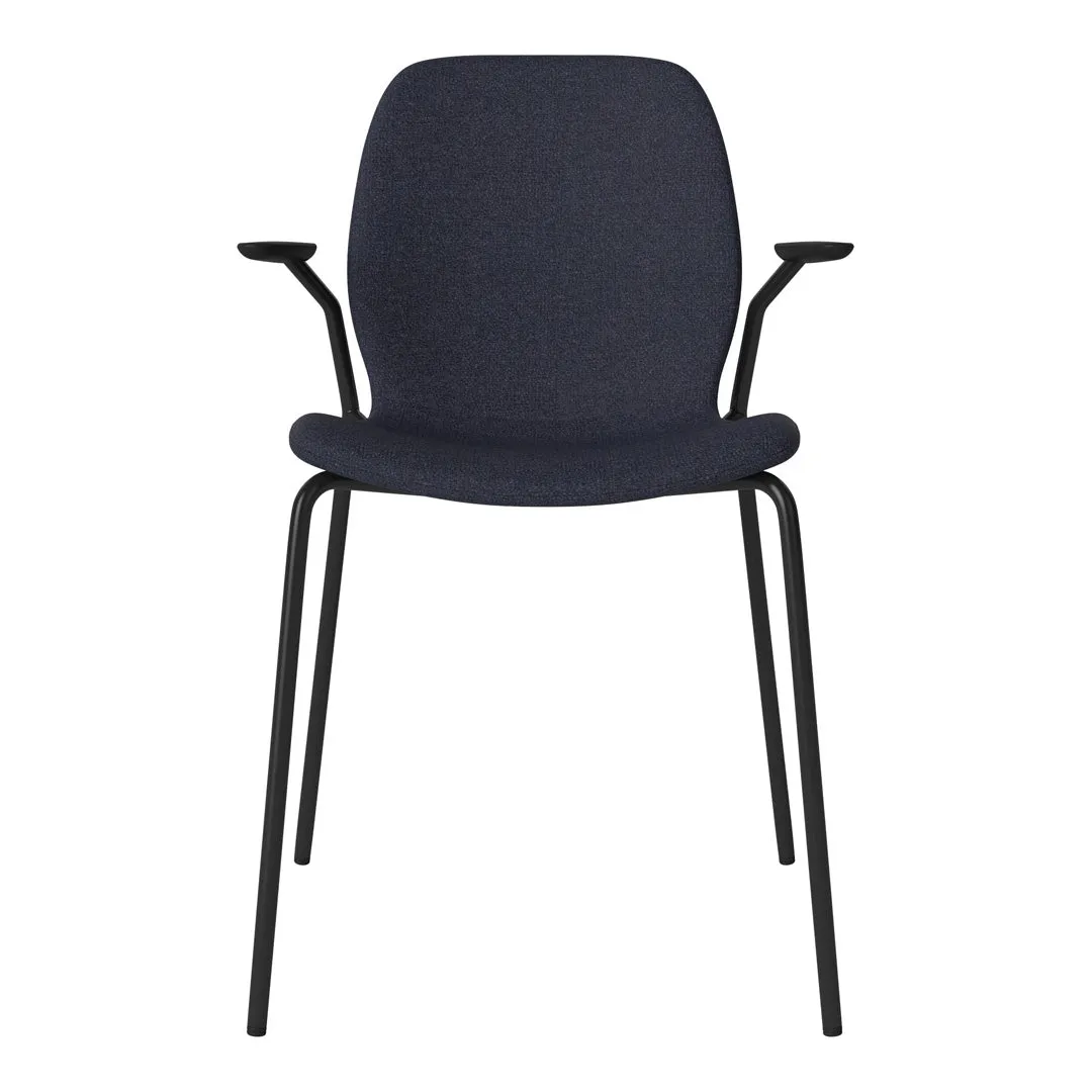 Seed Dining Chair w/ Open Arms - Upholstered -  Steel Base, Black Lacquered