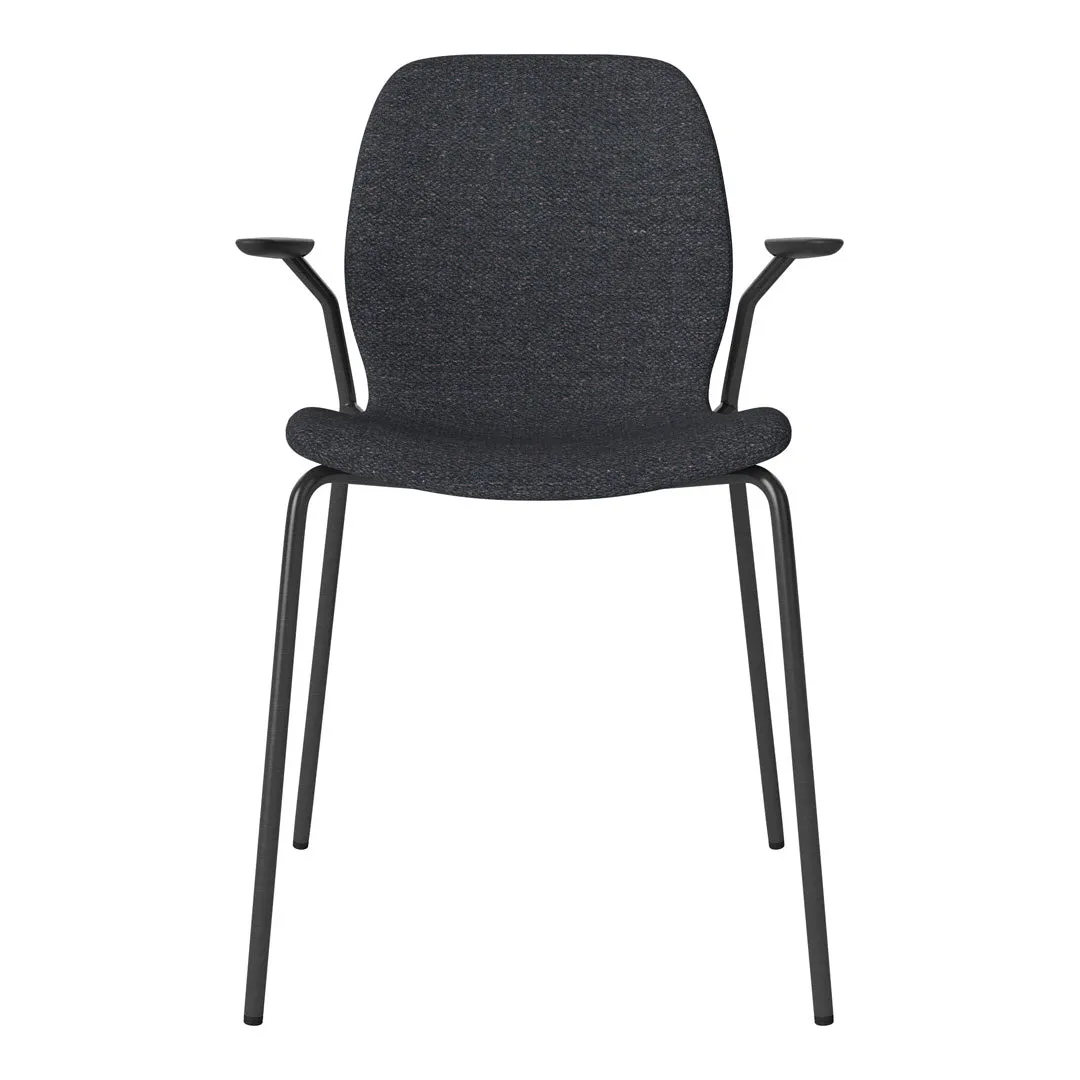 Seed Dining Chair w/ Open Arms - Upholstered -  Steel Base, Black Lacquered