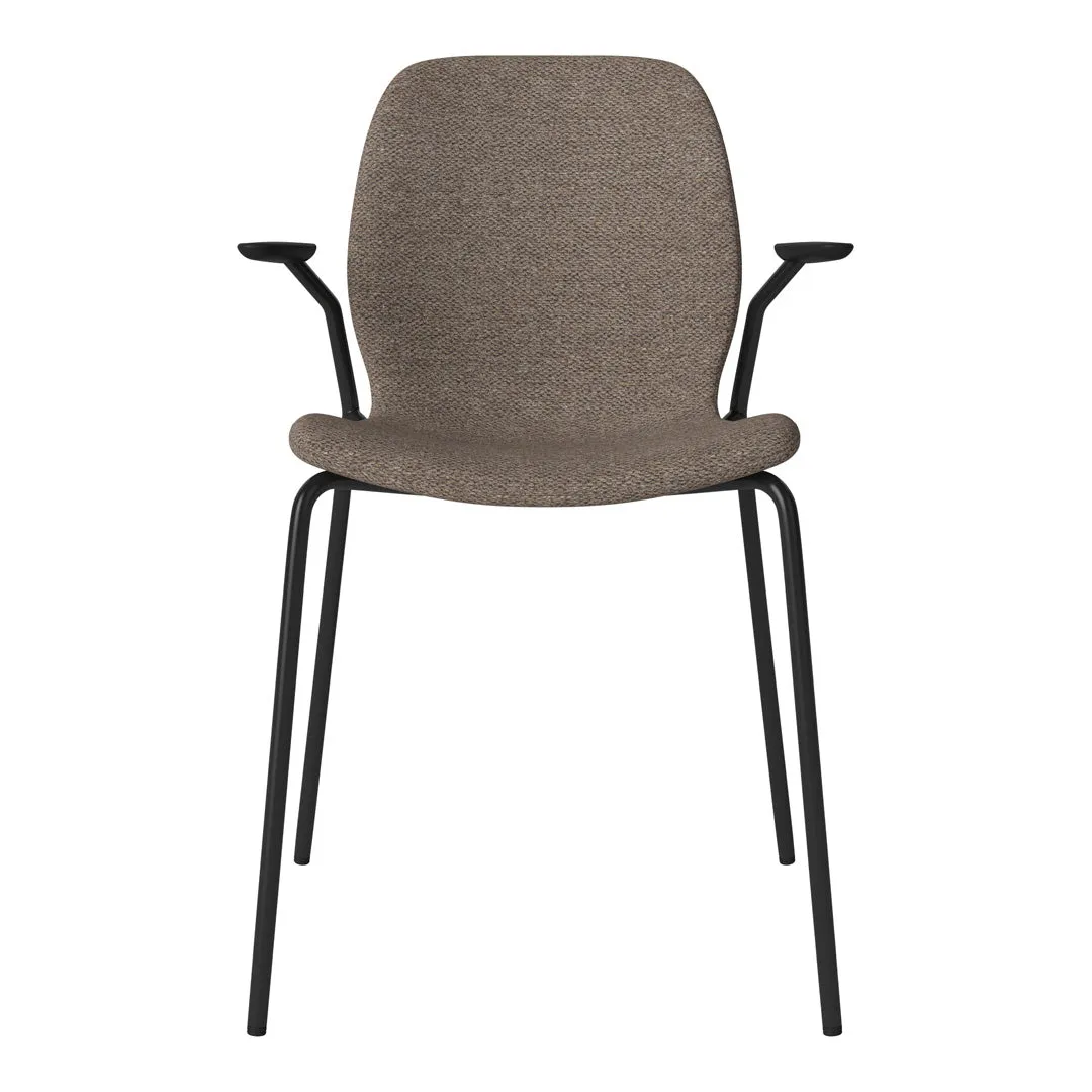 Seed Dining Chair w/ Open Arms - Upholstered -  Steel Base, Black Lacquered