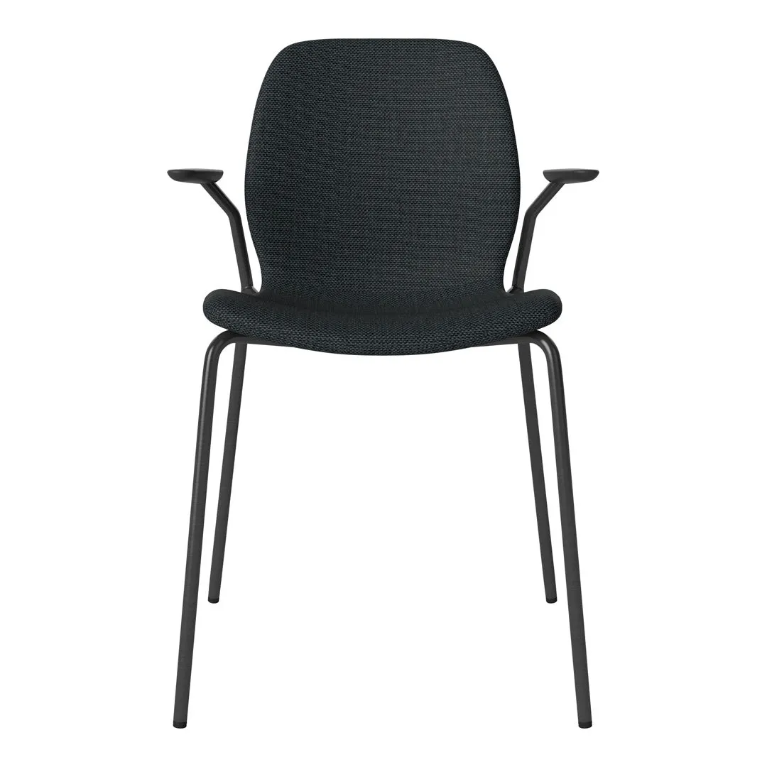 Seed Dining Chair w/ Open Arms - Upholstered -  Steel Base, Black Lacquered