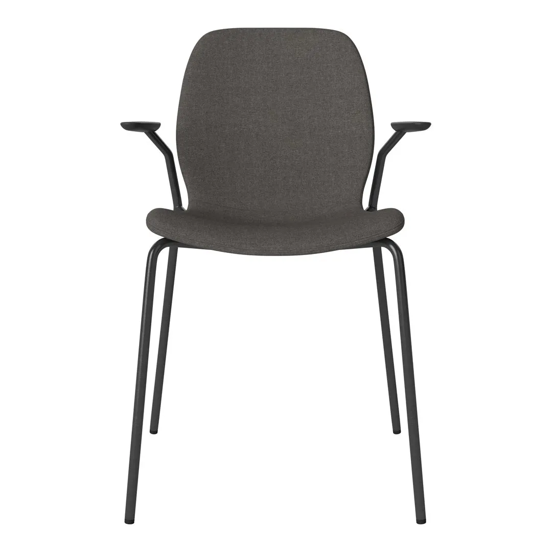 Seed Dining Chair w/ Open Arms - Upholstered -  Steel Base, Black Lacquered