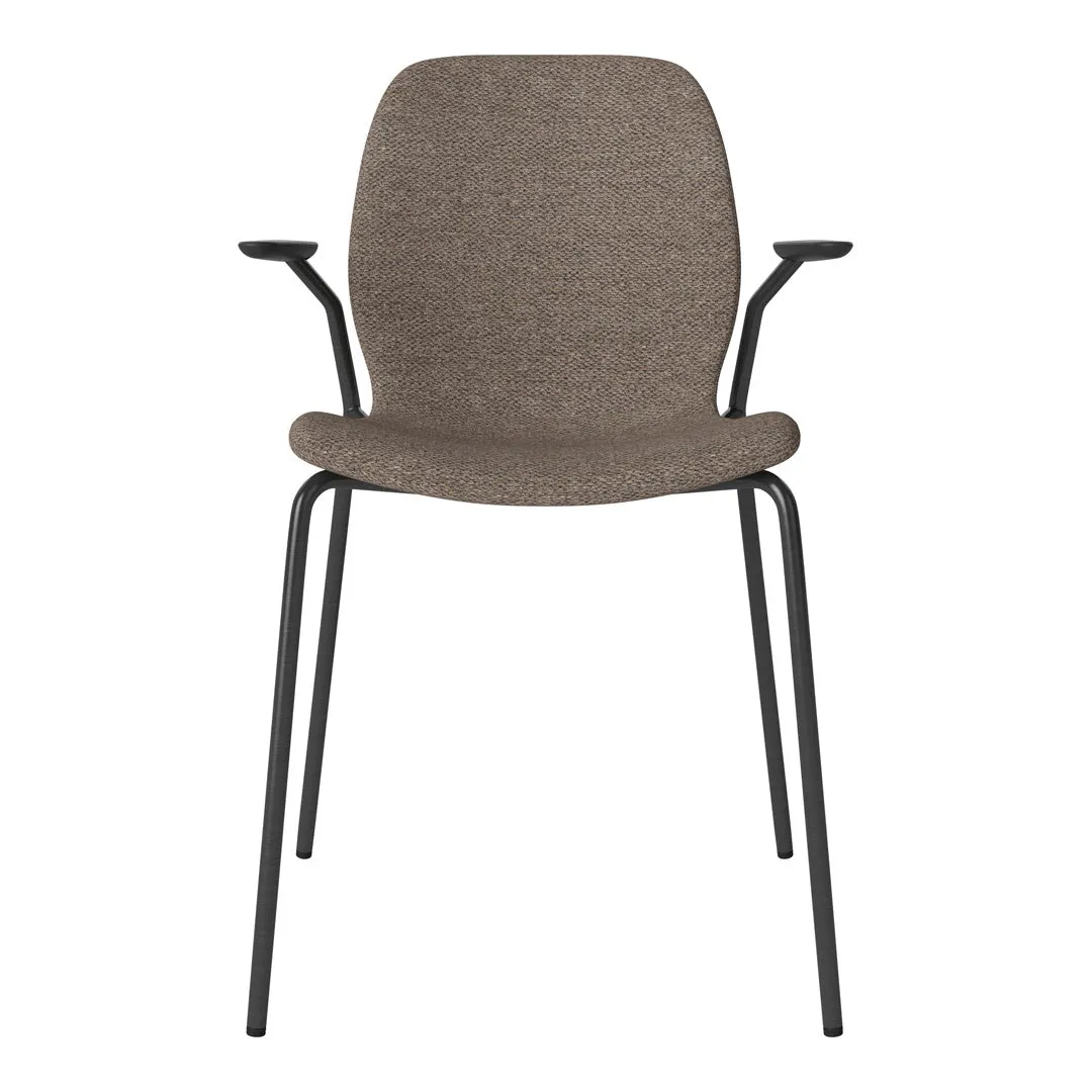 Seed Dining Chair w/ Open Arms - Upholstered -  Steel Base, Black Lacquered