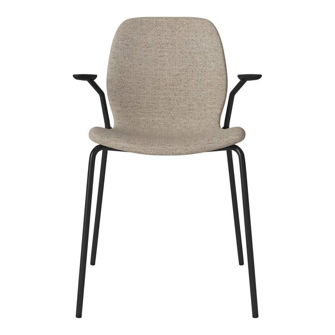 Seed Dining Chair w/ Open Arms - Upholstered -  Steel Base, Black Lacquered