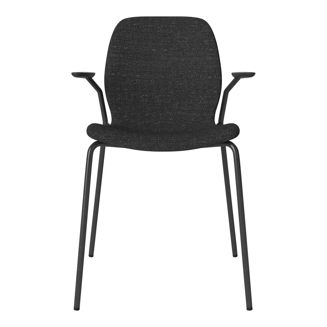 Seed Dining Chair w/ Open Arms - Upholstered -  Steel Base, Black Lacquered