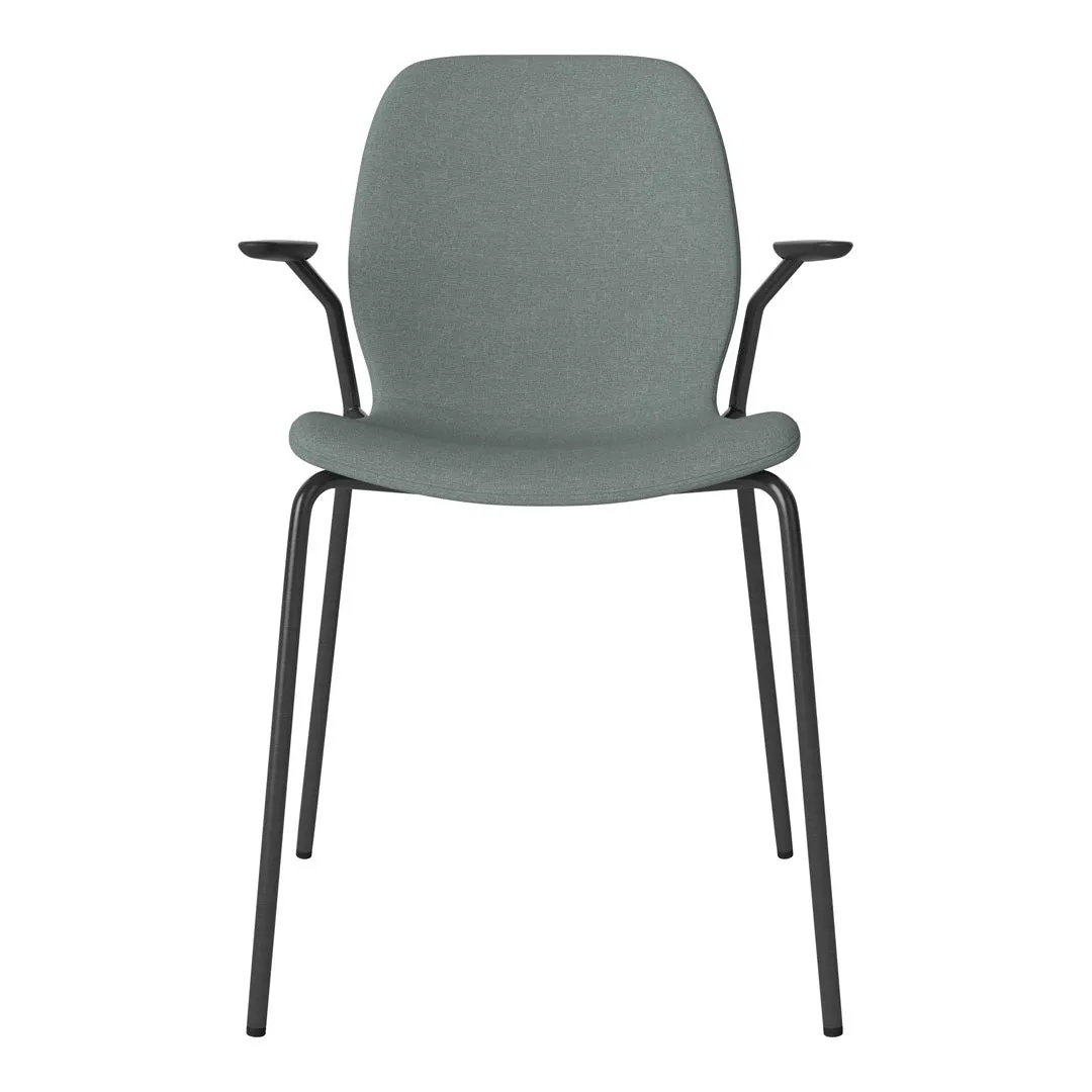 Seed Dining Chair w/ Open Arms - Upholstered -  Steel Base, Black Lacquered