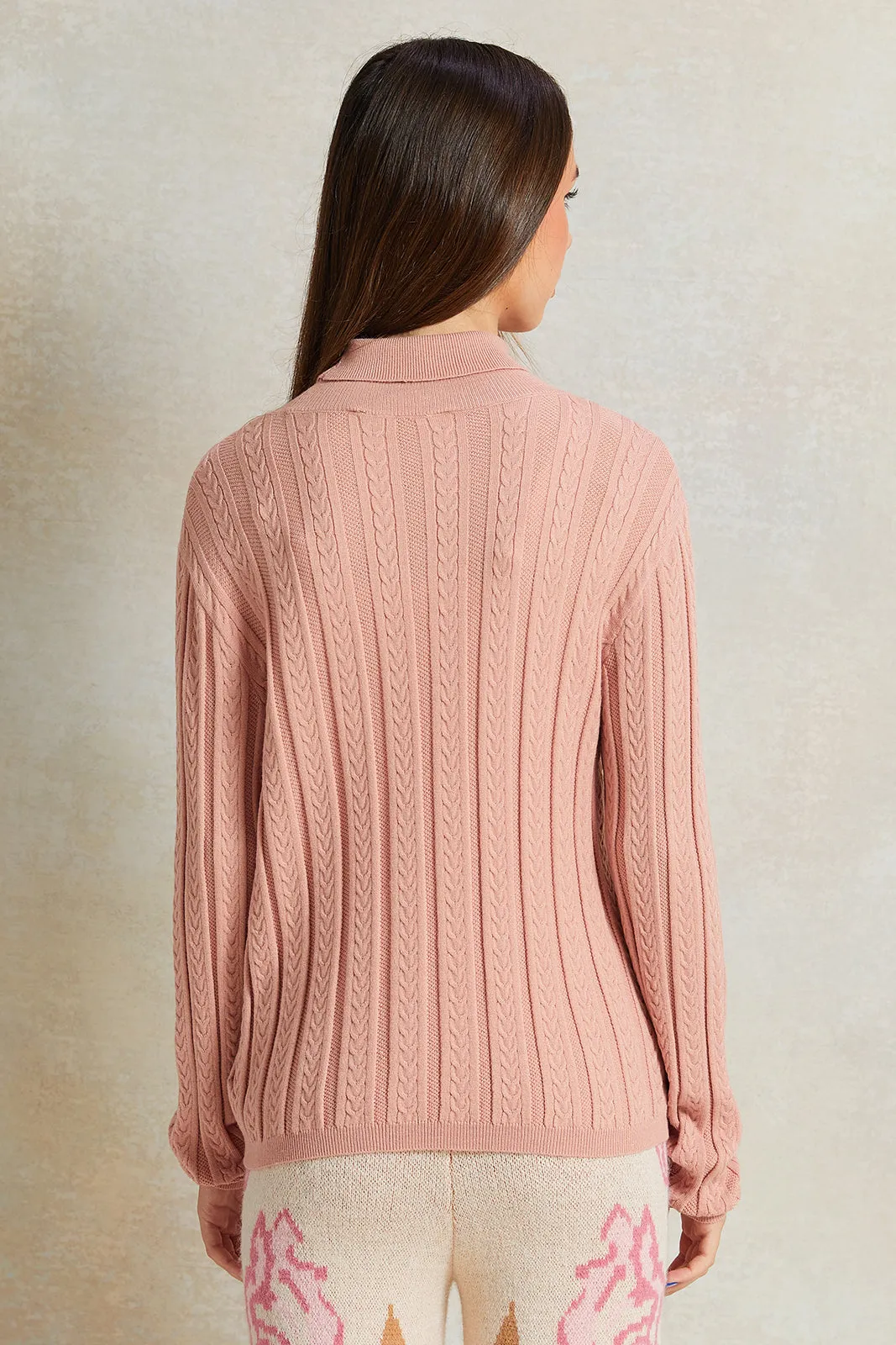 Senior Girls Pink High Neck Cable Knit Pullover