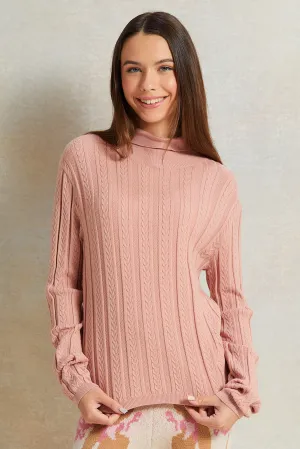 Senior Girls Pink High Neck Cable Knit Pullover