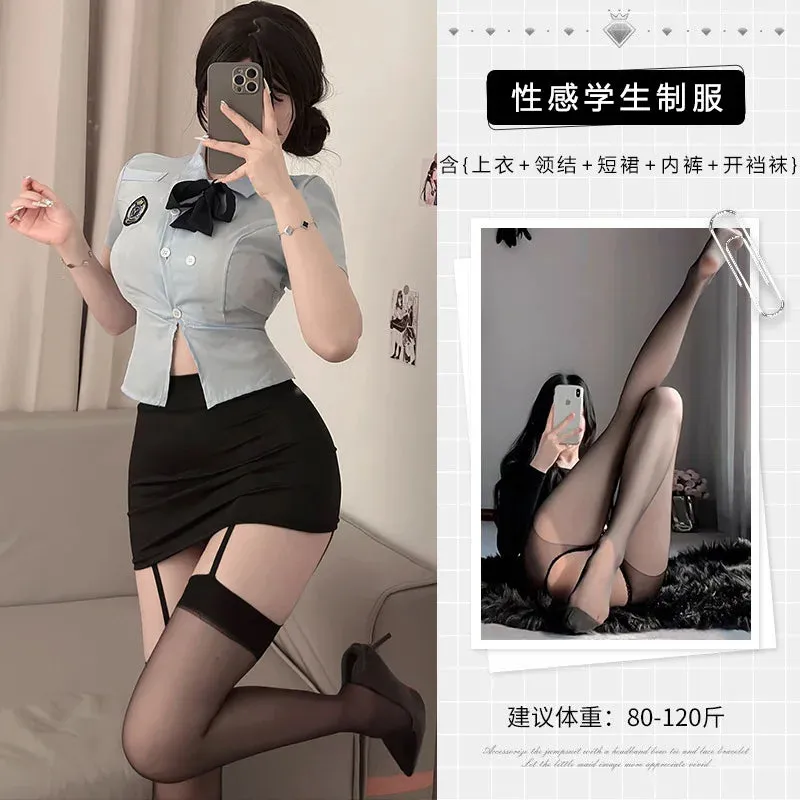 Sexy Female  Officer Professional Suit Role-playing Student Tight Fitting Short Sleeve Wrap Buttocks Skirt  Two Piece Set XYY9