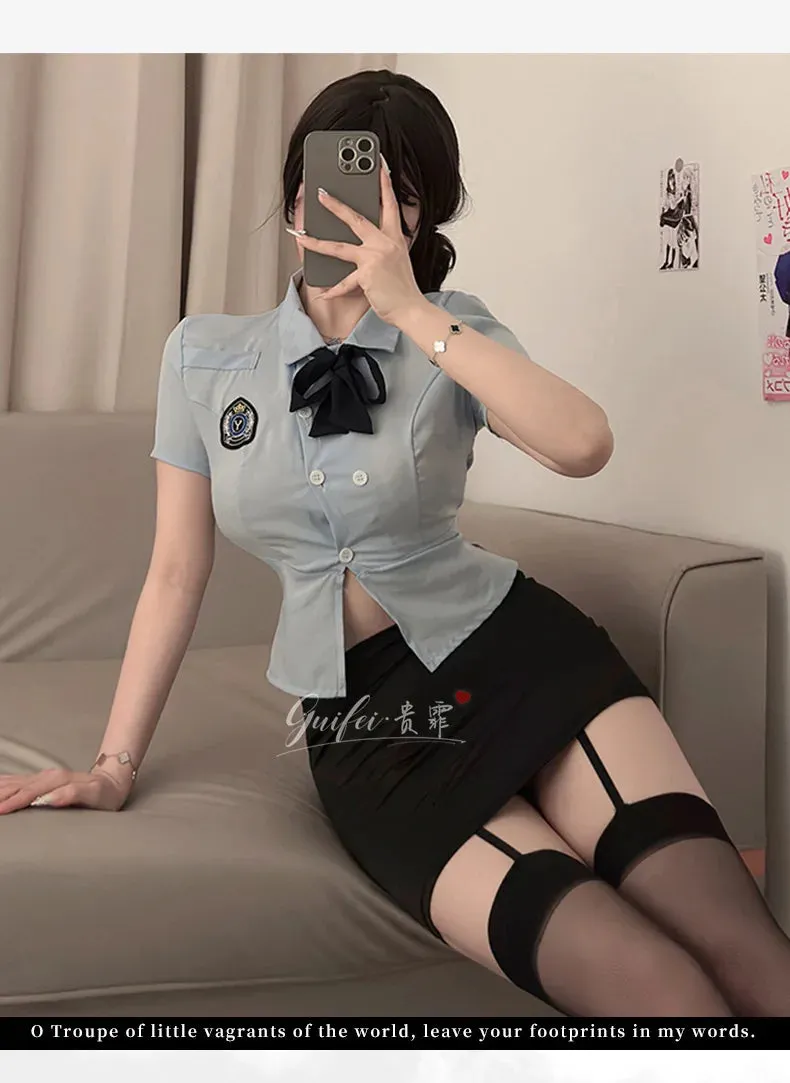 Sexy Female  Officer Professional Suit Role-playing Student Tight Fitting Short Sleeve Wrap Buttocks Skirt  Two Piece Set XYY9