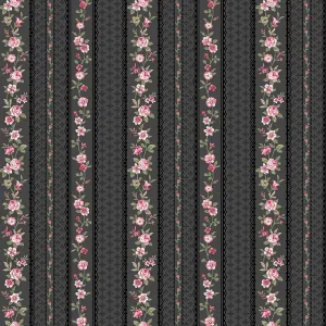 Stof Fabrics Juliet Roses Floral on Black Stripes Cotton Prints