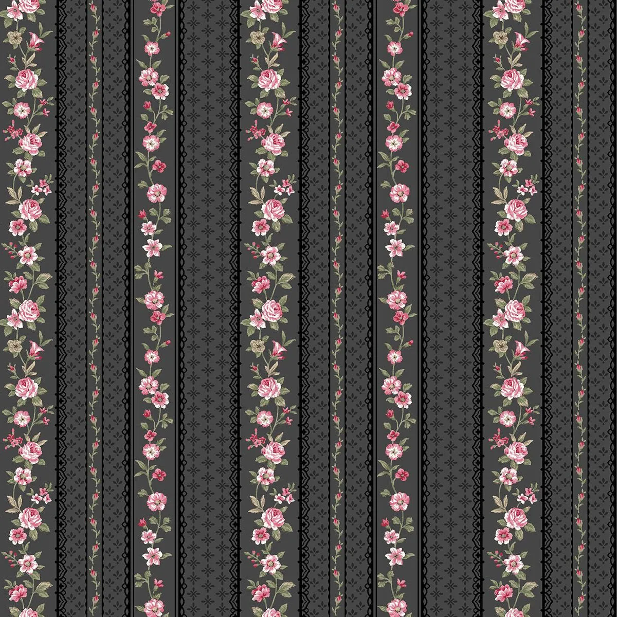 Stof Fabrics Juliet Roses Floral on Black Stripes Cotton Prints