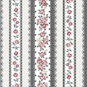 Stof Fabrics Ruby Rose Black Roses and Lace Stripe on White Cotton Prints