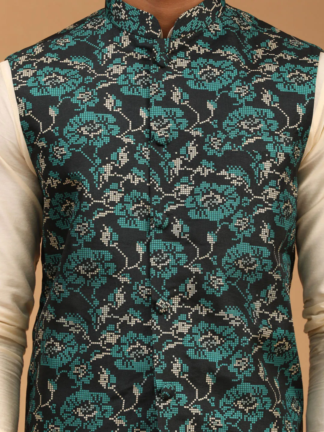 VASTRAMAY Green Printed Nehru Jacket Set