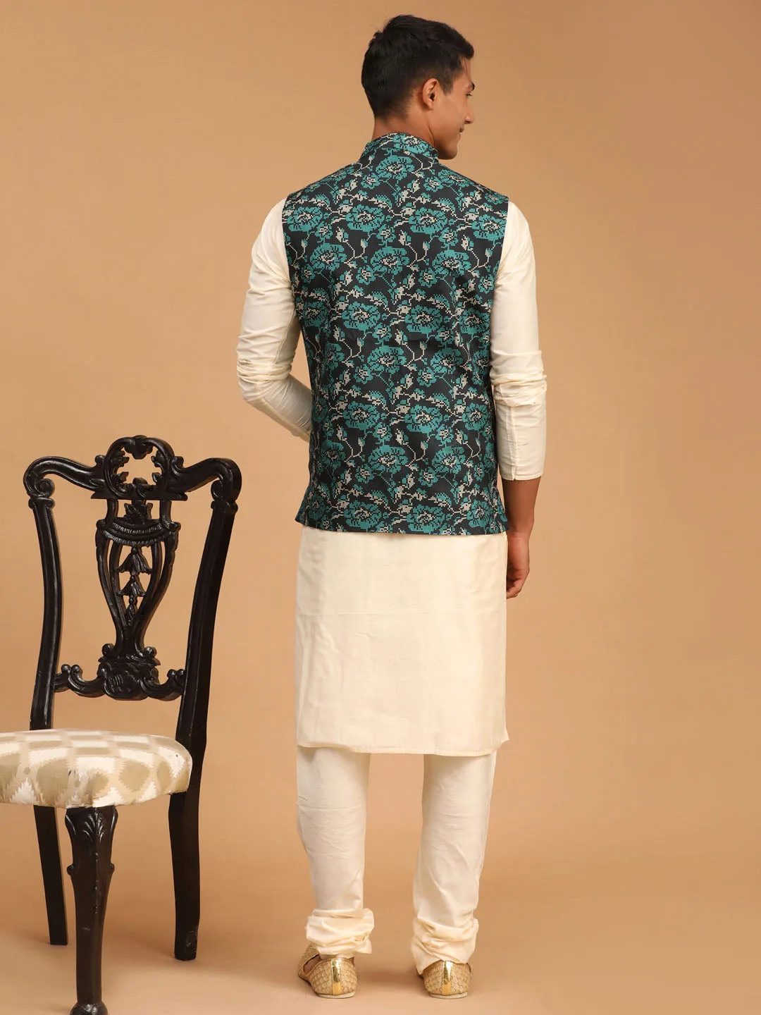 VASTRAMAY Green Printed Nehru Jacket Set