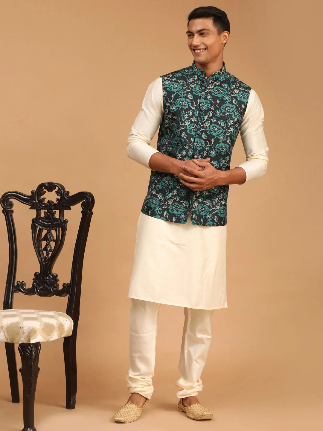 VASTRAMAY Green Printed Nehru Jacket Set