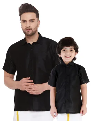 VASTRAMAY Men's & Boys Black Solid Silk Blend Half Sleeve Ethnic Shirt