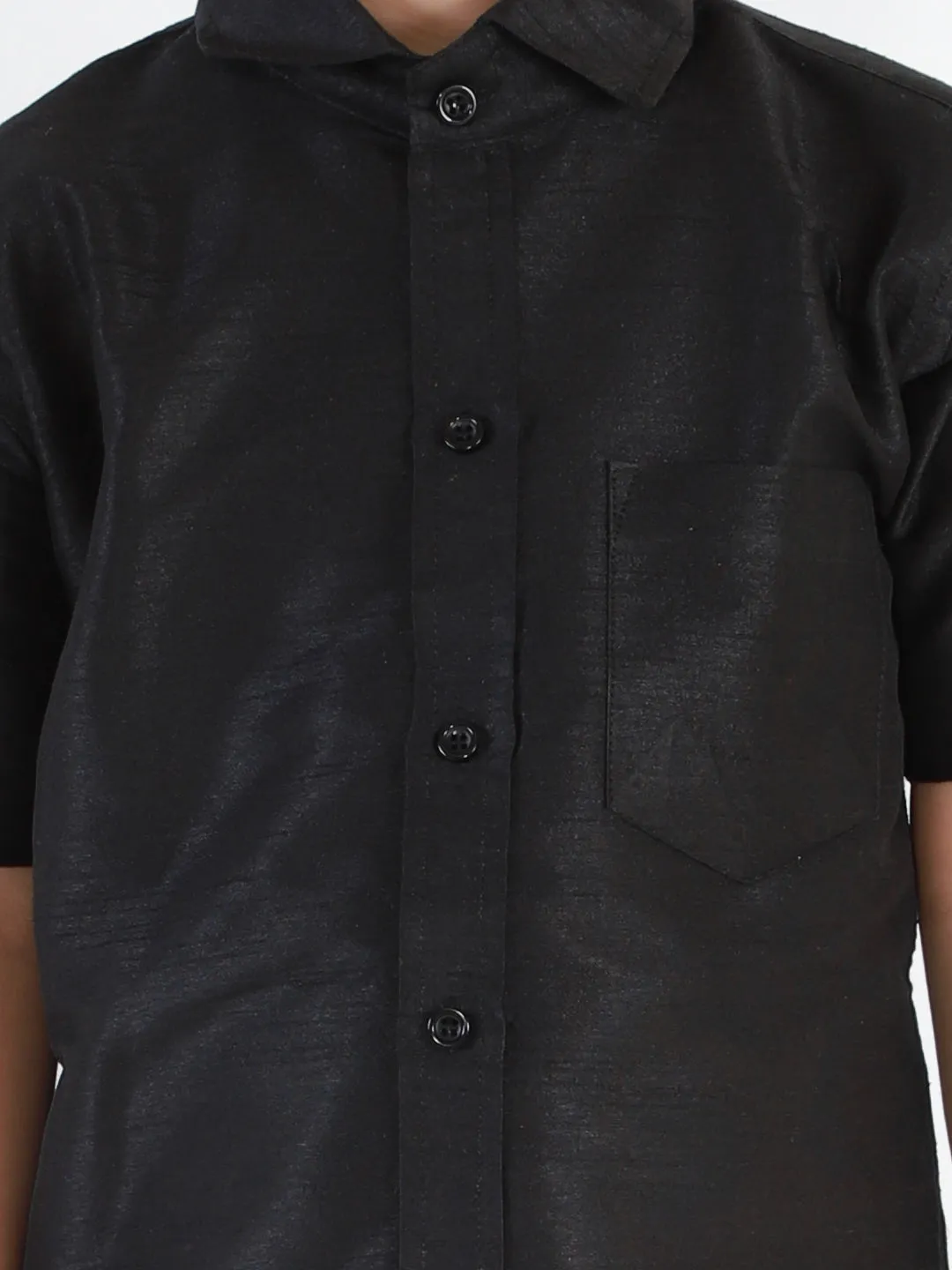 VASTRAMAY Men's & Boys Black Solid Silk Blend Half Sleeve Ethnic Shirt