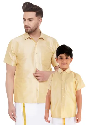 VASTRAMAY Men's & Boys Gold Solid Silk Blend Half Sleeve Ethnic Shirt