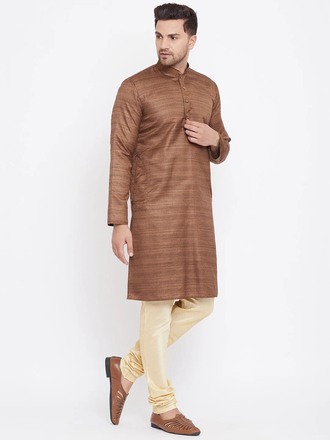 VASTRAMAY Men's Coffee Brown Silk Kurta Set