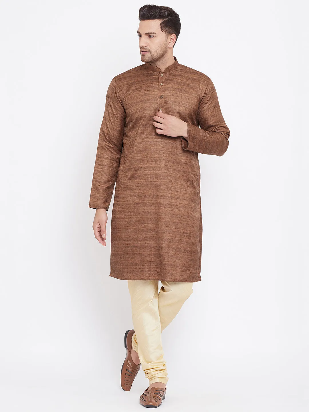 VASTRAMAY Men's Coffee Brown Silk Kurta Set