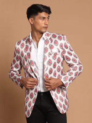 VASTRAMAY Men's Cream Base Multi-Color Printed Blazer