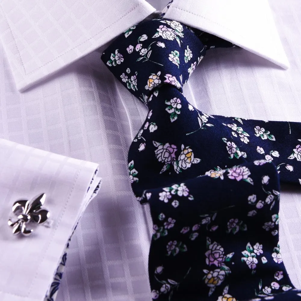 White Checks On Twill Formal Business Dress Shirt With Floral Fashion Inner-Lining