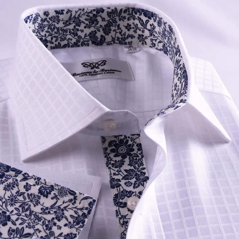 White Checks On Twill Formal Business Dress Shirt With Floral Fashion Inner-Lining