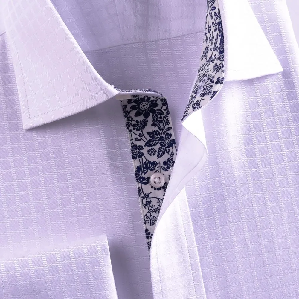 White Checks On Twill Formal Business Dress Shirt With Floral Fashion Inner-Lining