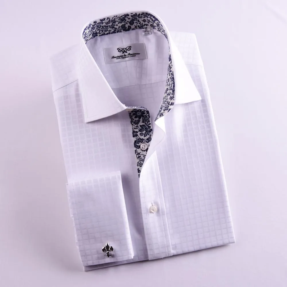 White Checks On Twill Formal Business Dress Shirt With Floral Fashion Inner-Lining