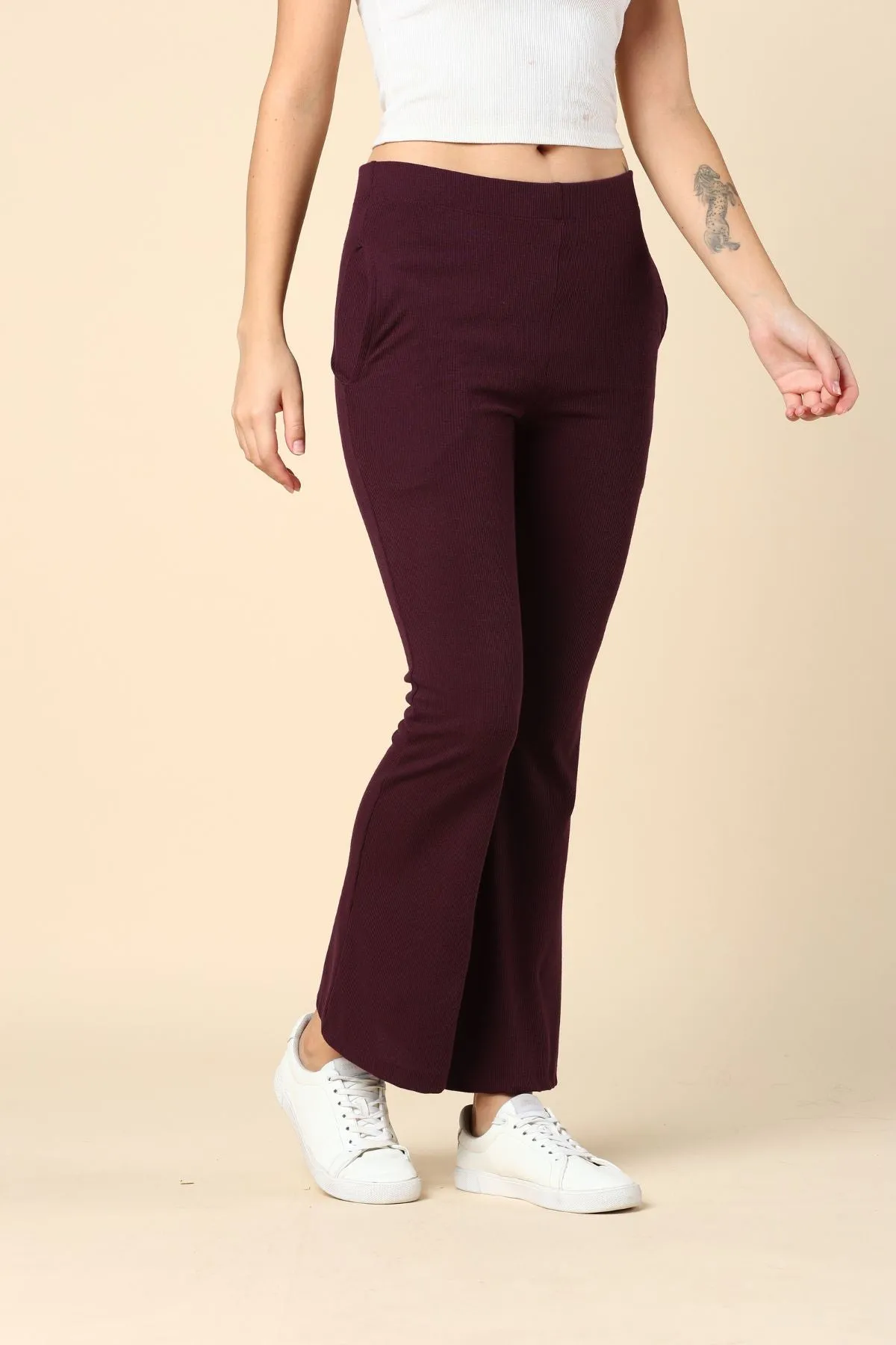 Wine Ribbed Pregnancy Lounge Pants with 2 Pockets