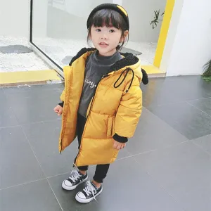 Winter jacket for girls Fur collar hooded Cartoon doll ornaments kids warm