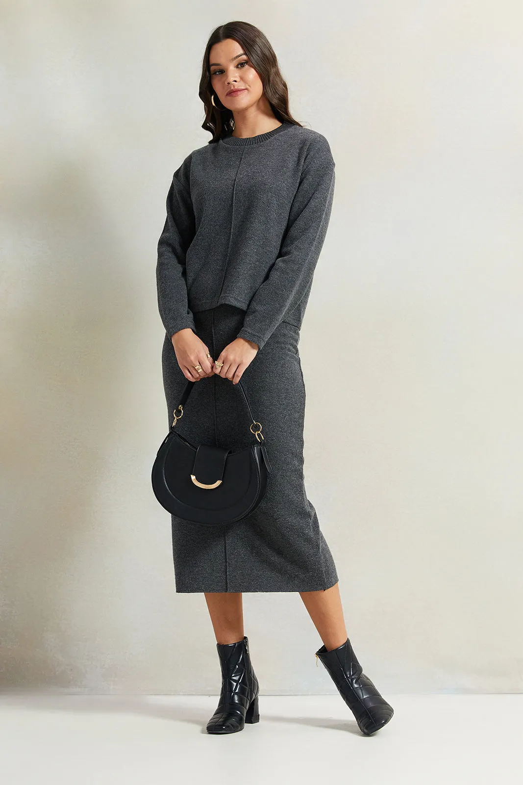 Women Charcoal Knitted Pullover