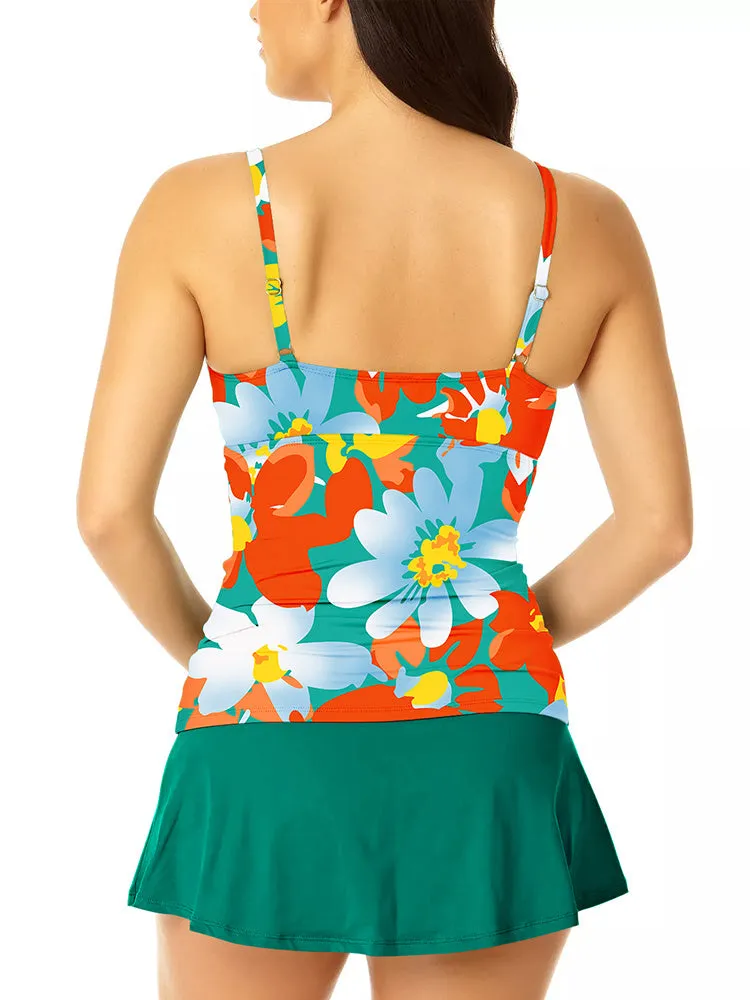 Women's 2 Piece Tummy Control Bathing Suit Ruched Tankini Tops with Swim Skirt Swimwear